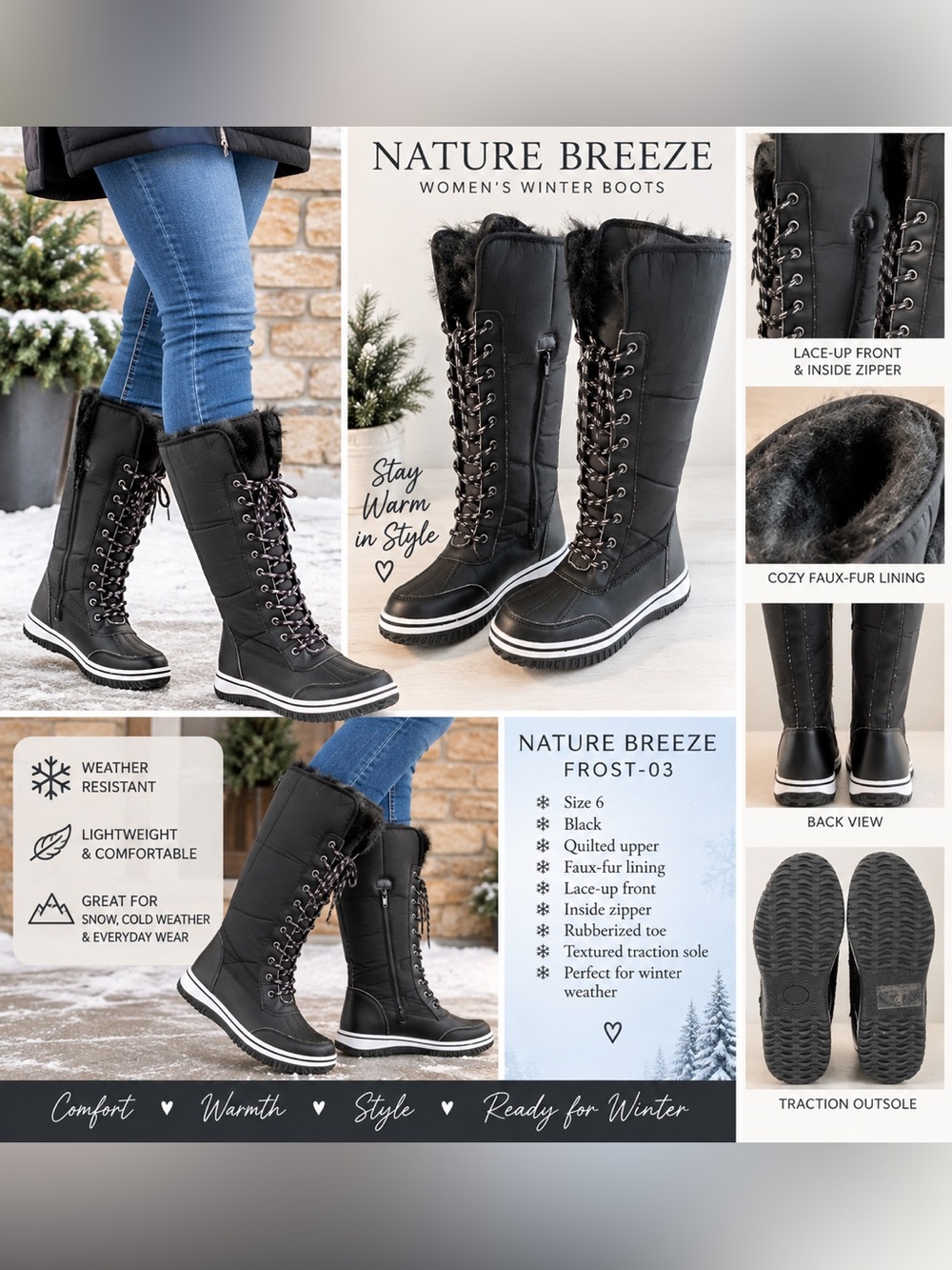 Nature Breeze FROST-03 Black Waterproof Winter Snow Boots Size 6 NWOT
